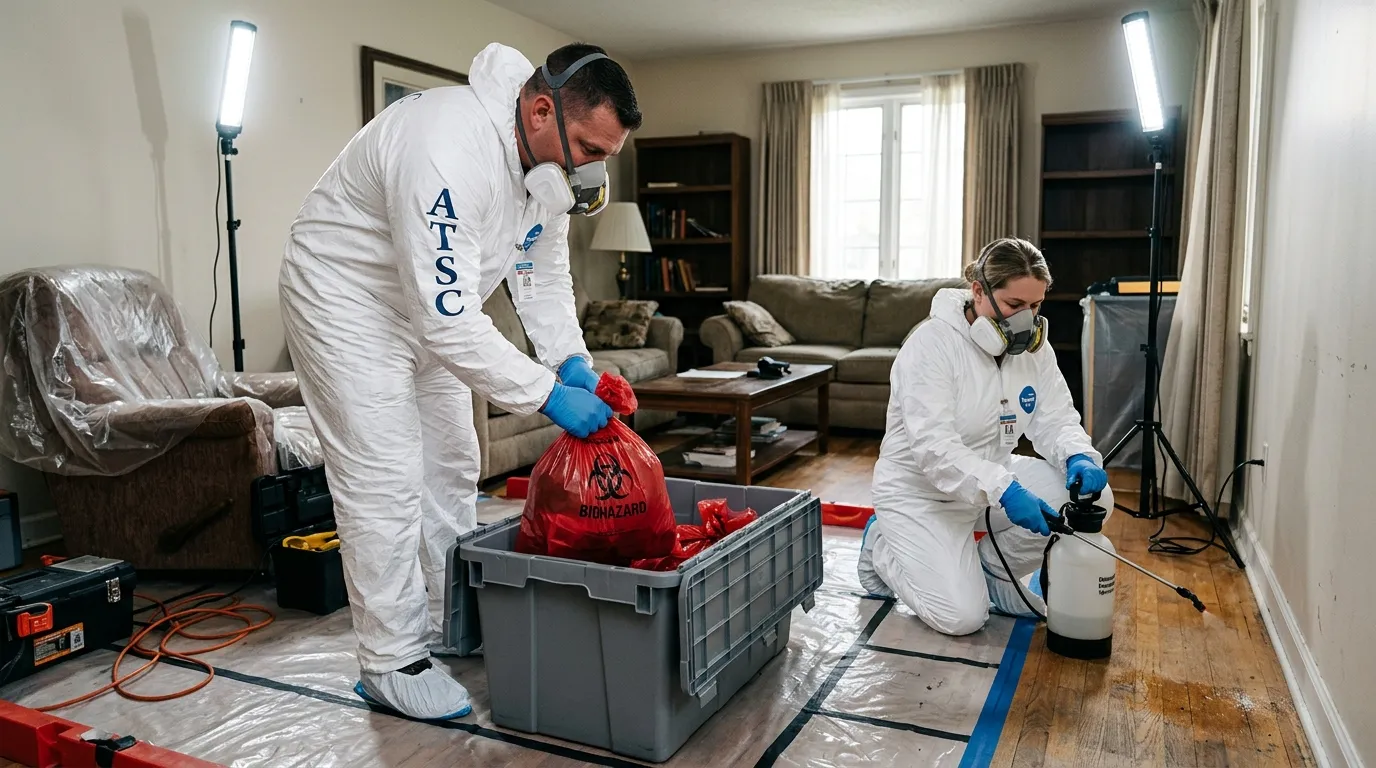 Professional Hoarding Cleanup technician in full PPE working in Kill Devil Hills